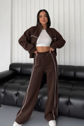 Contrast Piping Tracksuit Co-Ord Set in Chocolate Brown