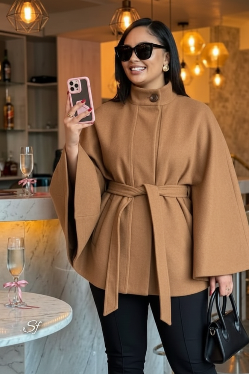 Cape Sleeve Belted Coat - Camel Enhanced