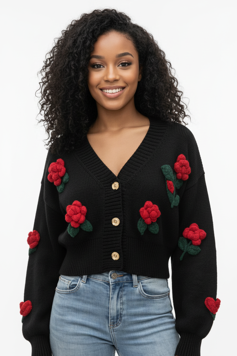 3D Rose Appliqué Cardigan in Black with Red Roses