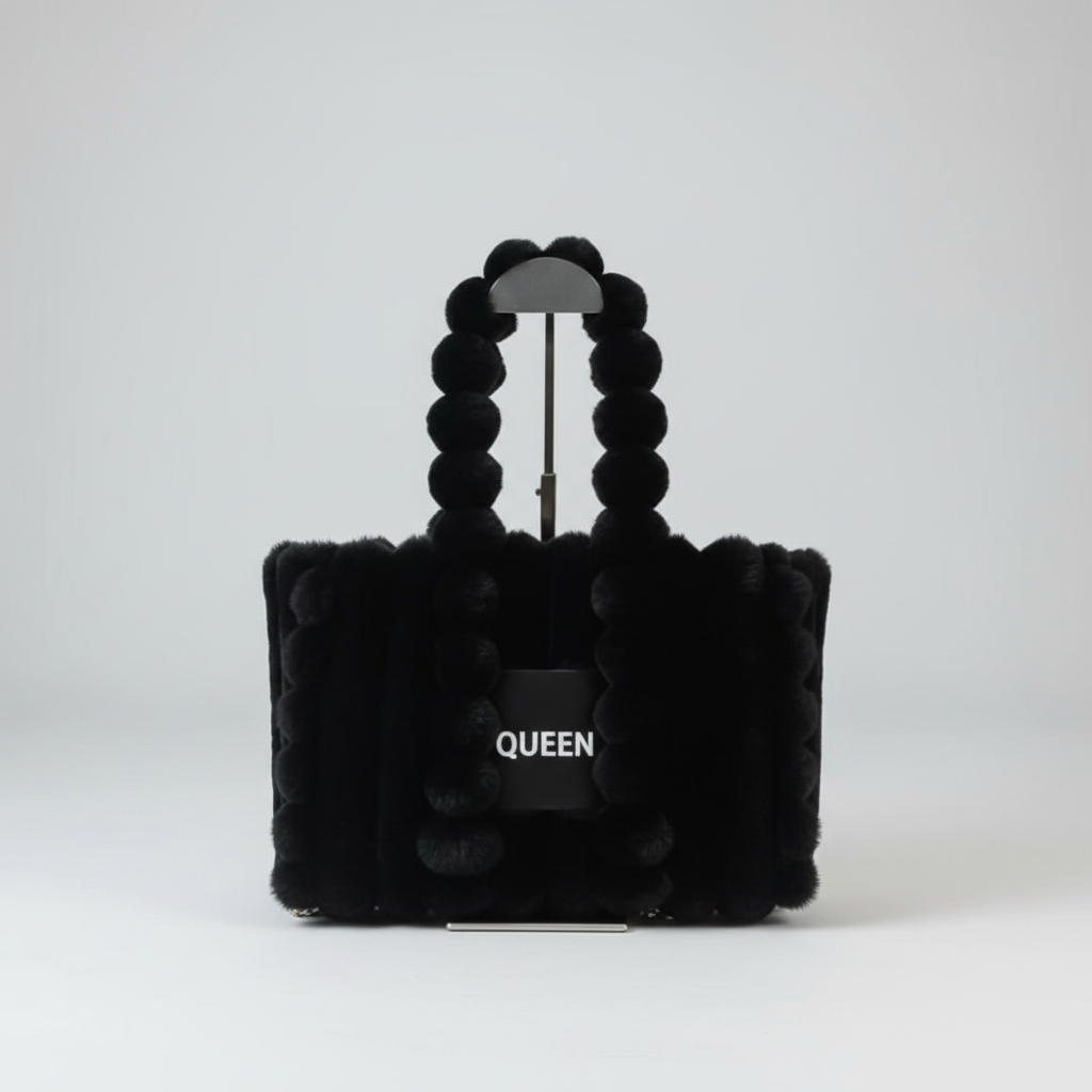 Queen Pom-Pom Faux Fur Tote Bag - Black