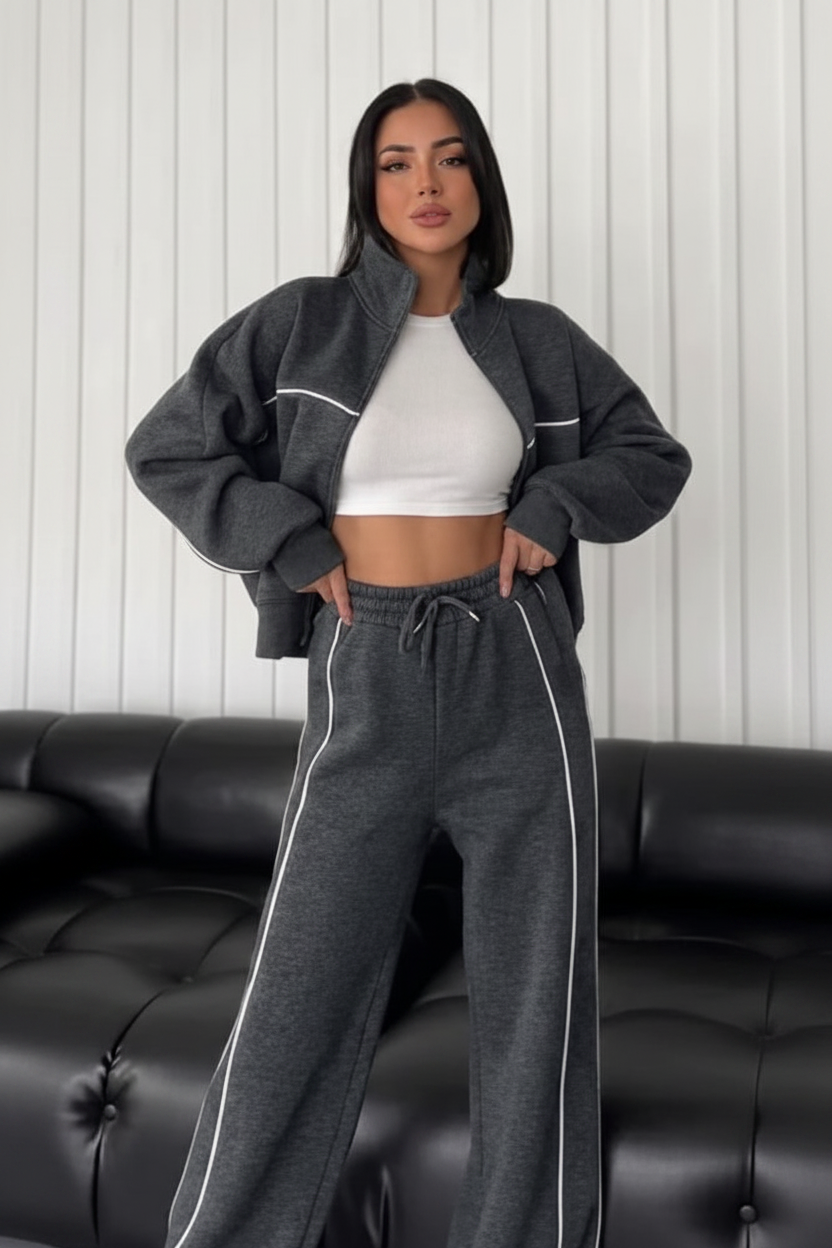 Contrast Piping Tracksuit Co-Ord Set in Charcoal Grey