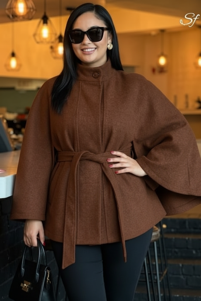Cape Sleeve Belted Coat - Brown Enhanced