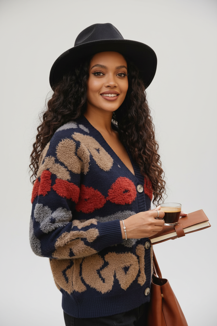 Textured Floral Knit Cardigan in Navy Blue