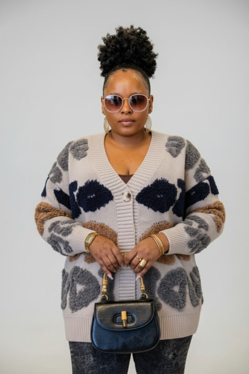 Textured Floral Knit Cardigan in Cream/Grey