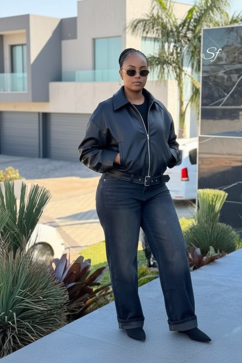 Oversized PU Leather Bomber Jacket in Black