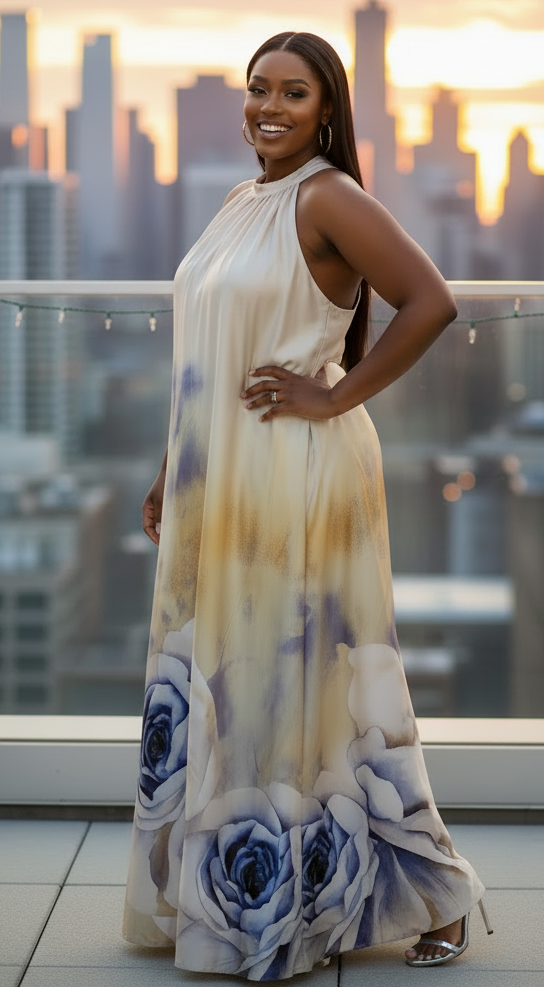Blue Rose Halter Maxi Dress