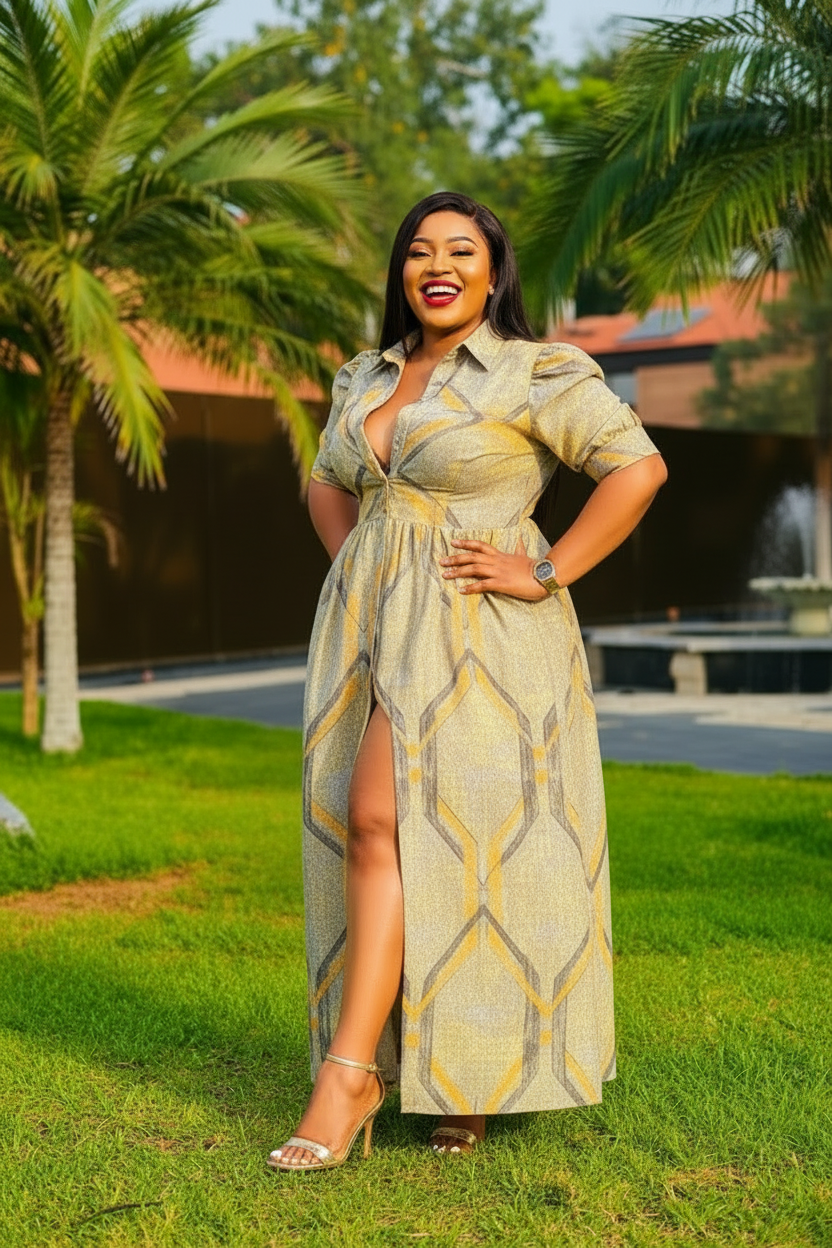 Gold Geometric Print Maxi Dress with Front Slit