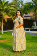 Gold Geometric Print Maxi Dress with Front Slit
