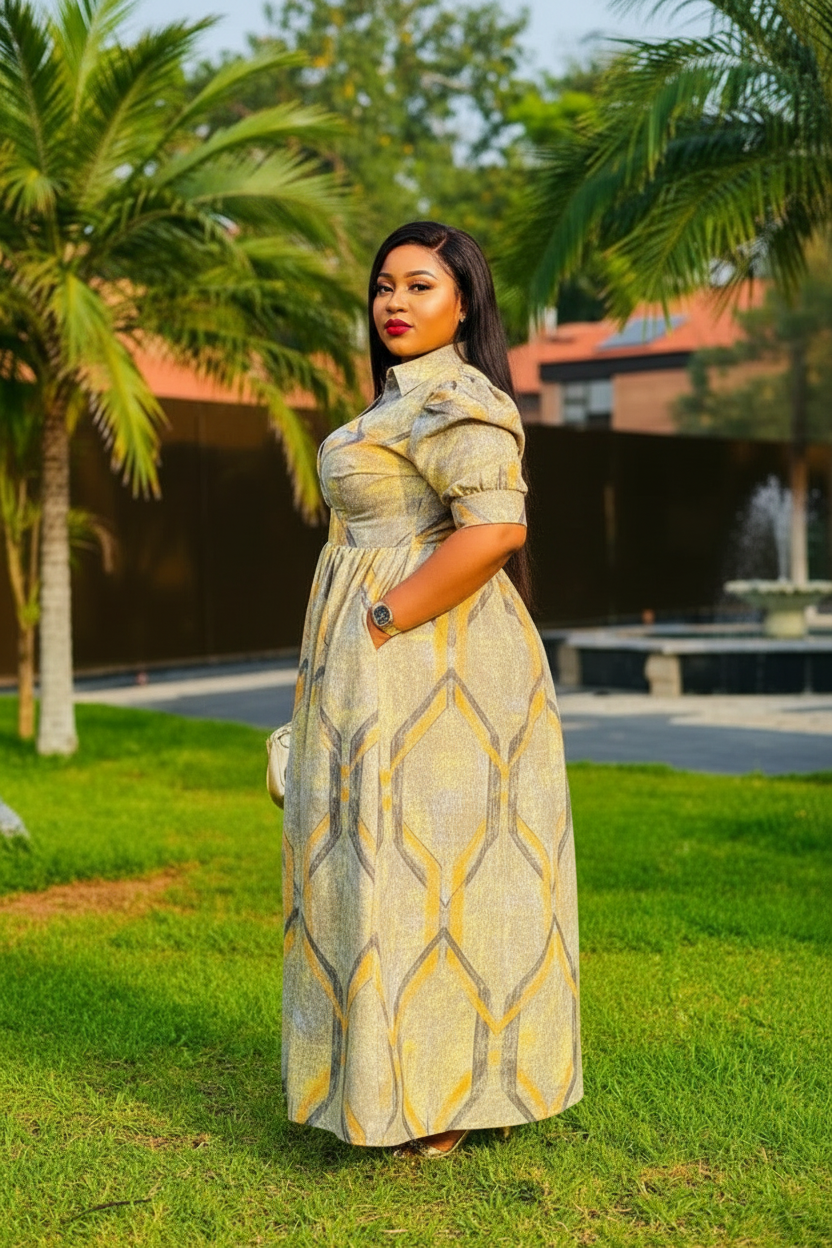 Gold Geometric Print Maxi Dress with Front Slit