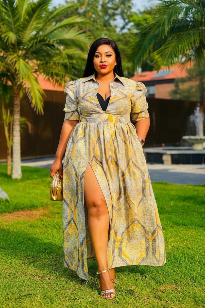 Gold Geometric Print Maxi Dress with Front Slit