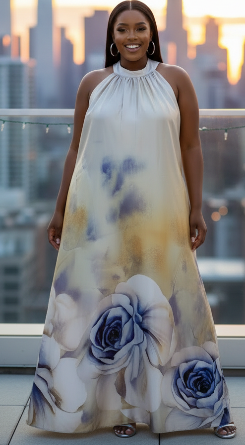 Blue Rose Halter Maxi Dress