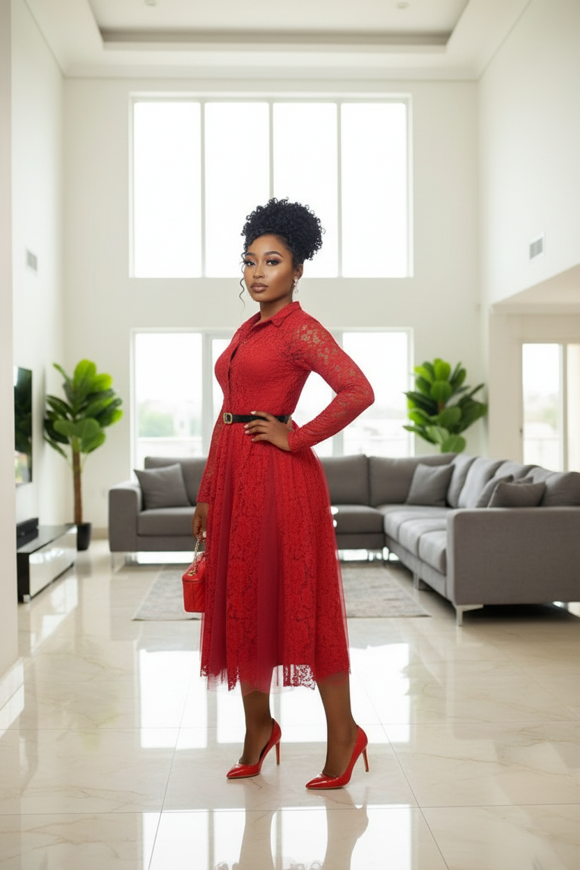 Red Lace Belted Midi Dress
