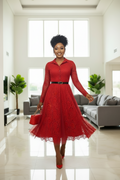 Red Lace Belted Midi Dress